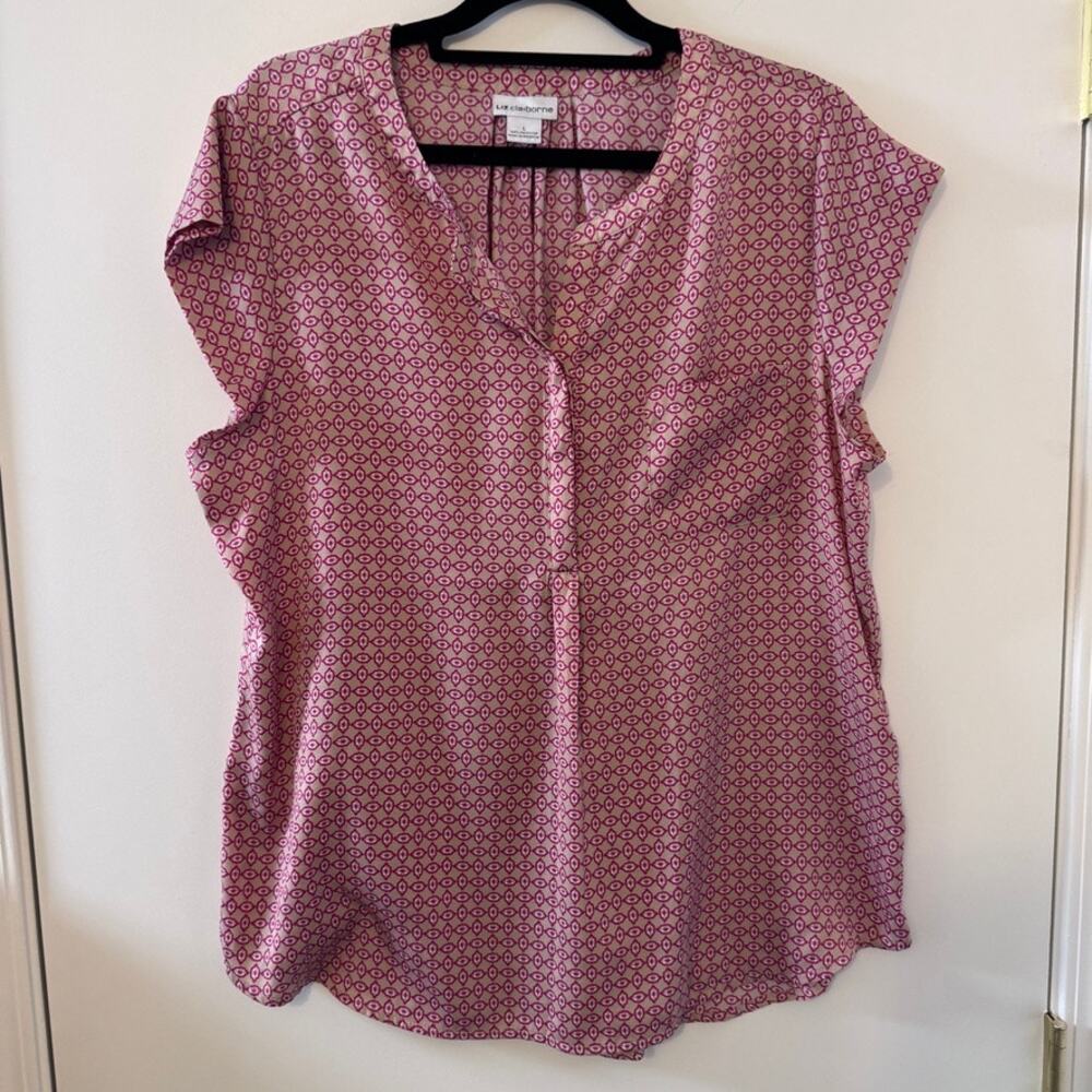 Liz Claiborne Blouse L Pink Beige Geometric Split Neck Cap Sleeve Pocket Top - Picture 3 of 8